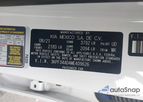 2021 Kia Forte Gt-Line из США, поврежденный, VIN 3KPF34AD4ME409626